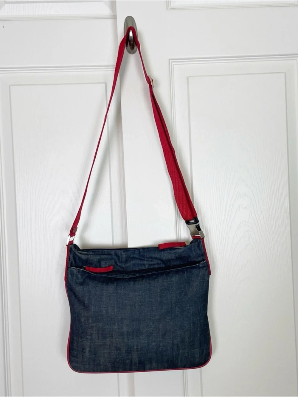 VINTAGE Prada Denim Crossbody Bag Red Leather Trim Y2K Canvas Messenger 4VA433 - Picture 7 of 14